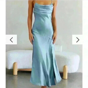 NWT Billy J Boutique Blue Midi Satin Slit Formal Wedding Guest Women’s Size 2